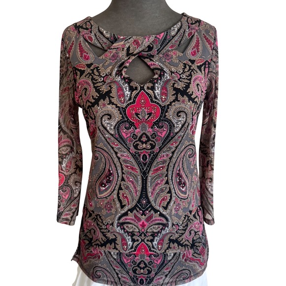 INC International Concepts Tops - INC International Concepts Pink Paisley Mesh Keyhole Top Rhinestone Blouse Small